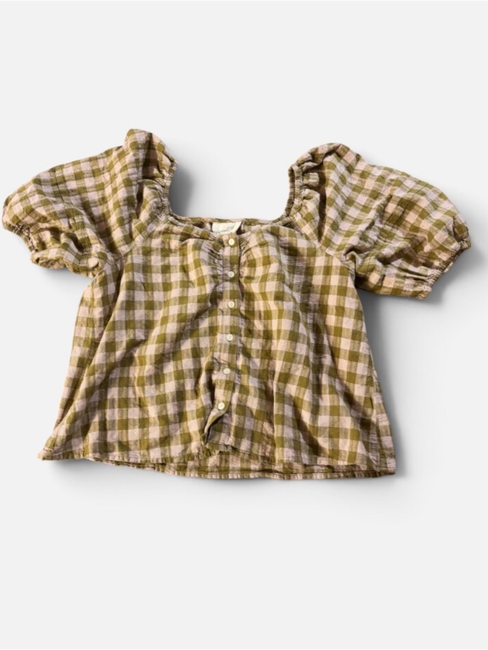 Universal Thread Olive and Cream Gingham Puff-Sleeve Button Front Top